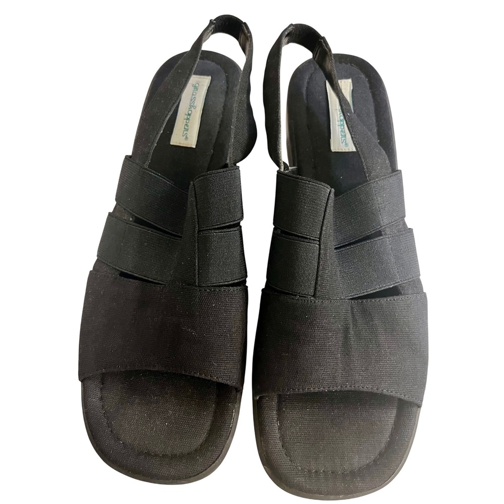 Grasshoppers Womens Black Elastic Strappy Slingback Wedge Sandals Size 10M